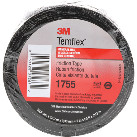 3/4" x 60' Black (10 Pack) 3M<span class='tm'>™</span> 1755 Cotton Friction Tape