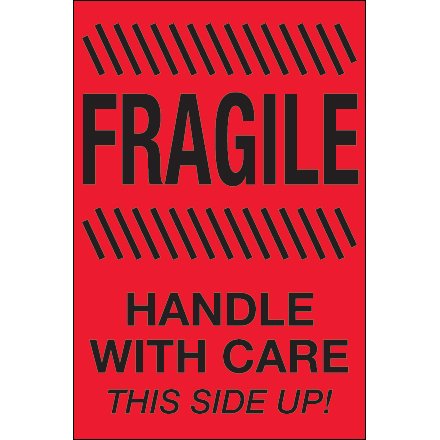 4 x 6" - "Fragile - Handle With Care - This Side Up" (Fluorescent Red) Labels