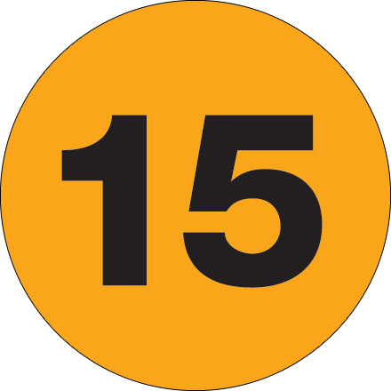 1" Circle - "15" (Fluorescent Orange) Number Labels